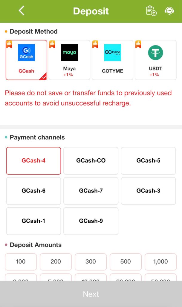 Step 1: Select the deposit method as "GCash".
