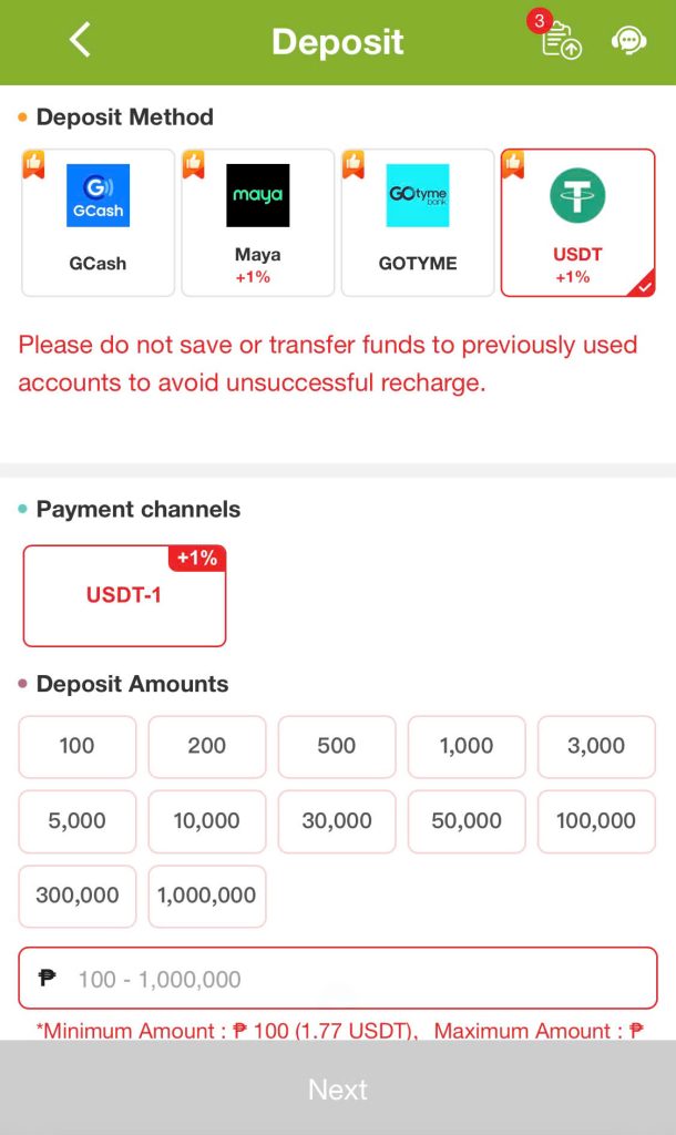 Step 1: choose the "USDT" deposit method,