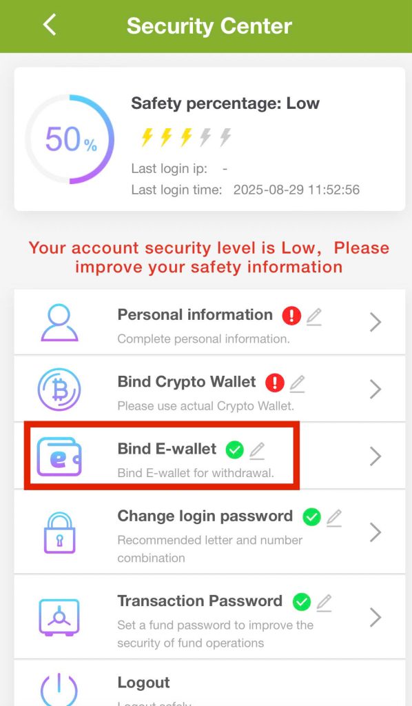 Step 1: select Bind E-Wallet.