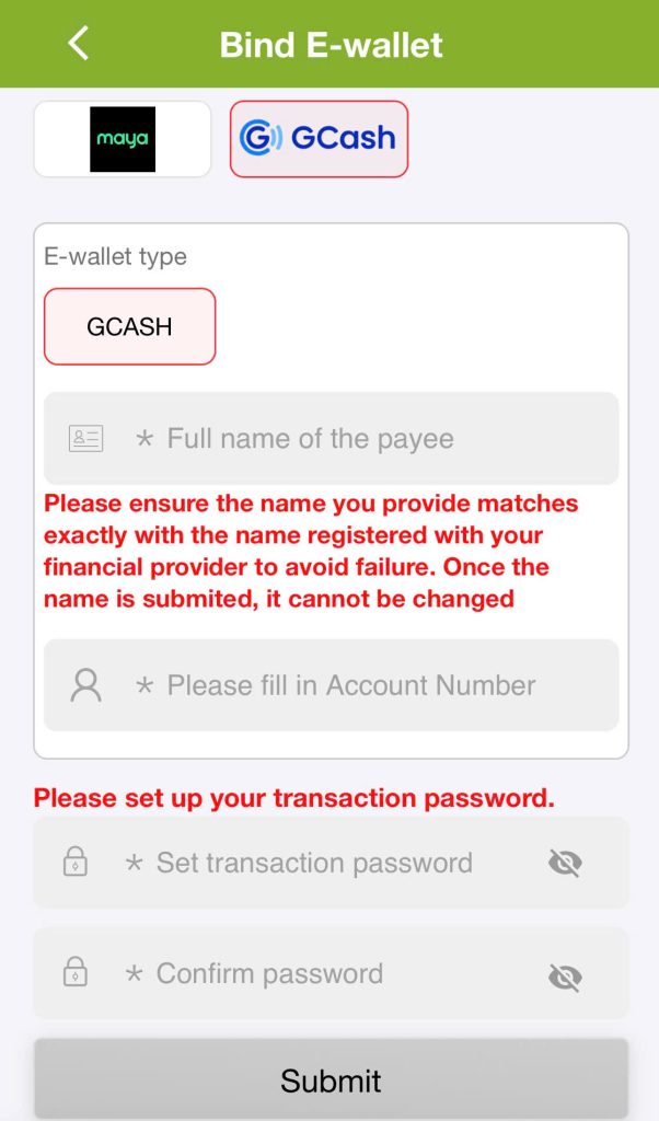 Step 4: Fill in your e-wallet account name and number.